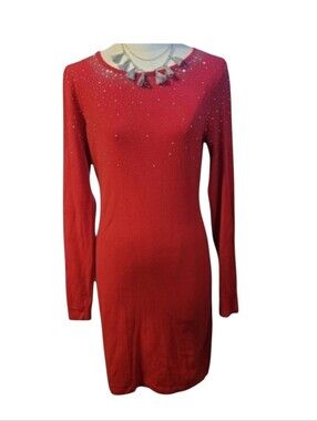 Vintage Bebe Red Long Sleeve Sweater Bodycon Dress Silver Rhinestones Size Large